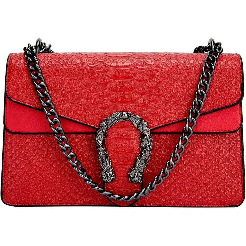 ⚡ Women's Red Snake Vegan Leather Print Casual Fashion Satchel Crossbody Handbag